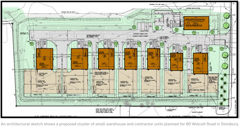 Developer proposes seven‑building warehouse and contractor‑unit complex at 80 Wolcott Road in Simsbury